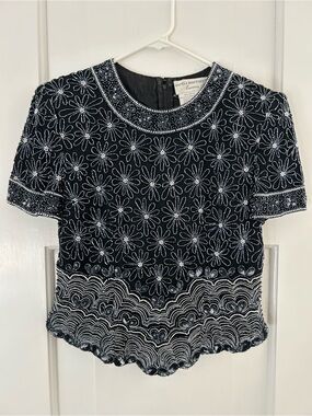Black Beaded Short Sleeve Blouse Vintage Eveningwear Top